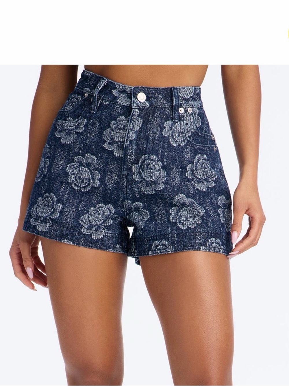 Fashion Nova Dark Blue Floral Print High-Waist Denim Shorts